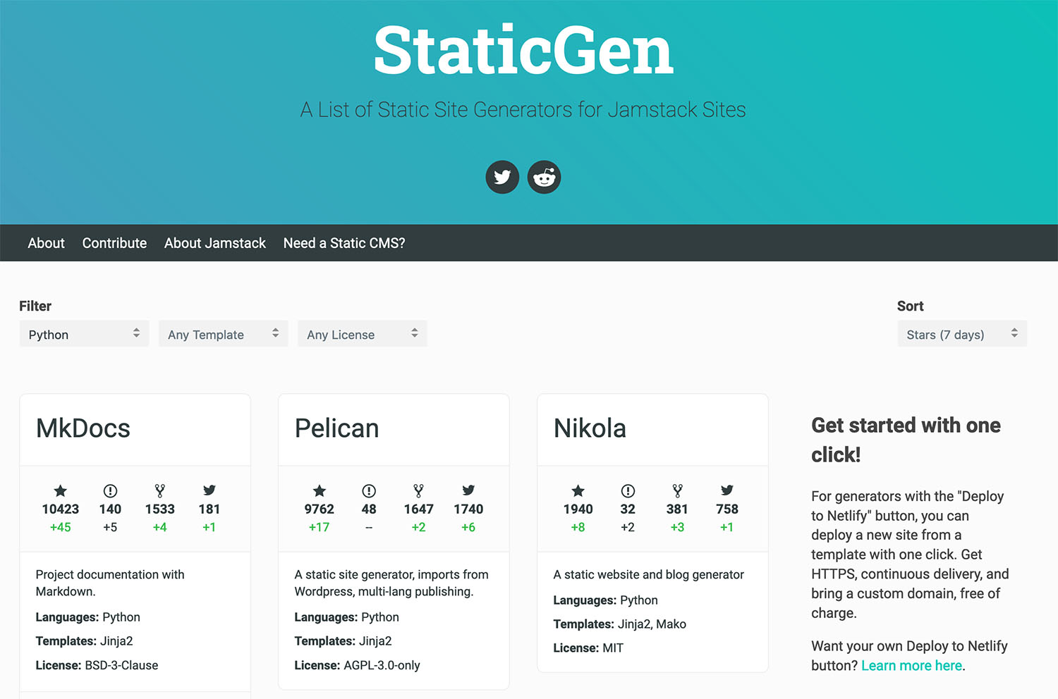 Choosing a statis site generator on StaticGen